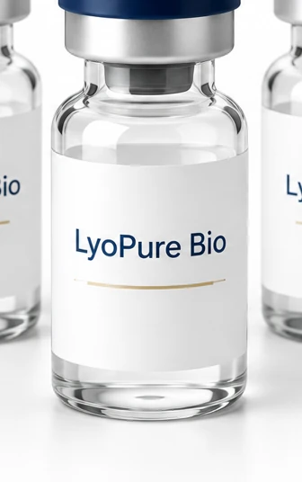 Close-up of the navy and gold LyoPure Bio concept label