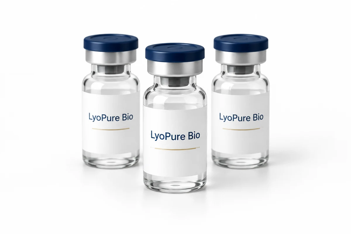 LyoPure Bio vial packaging concept with navy caps and white labels